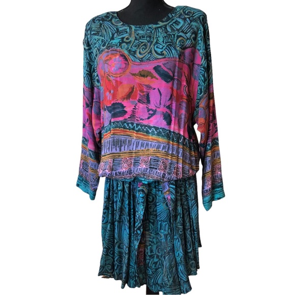 VTG Carole Little Vibrant Print Blouson Drop Waist Dress - Picture 3 of 15
